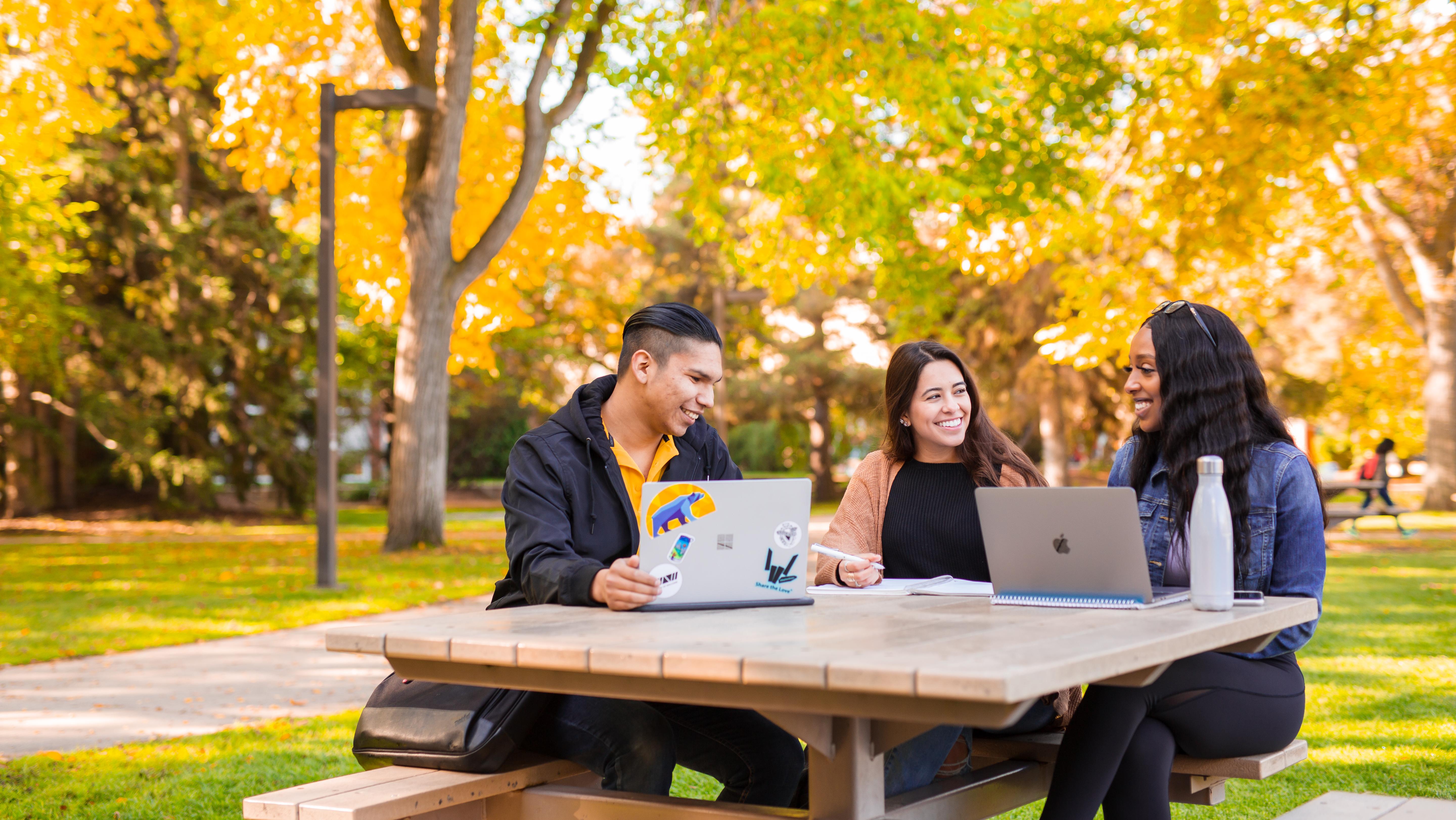 Students studying at a table in Quad in the fall.